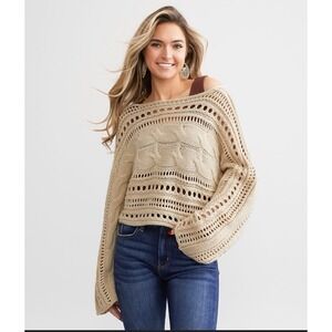 Willow & Root Cable Knit Cropped Sweater Beige Tan Medium Neutral Open Knit